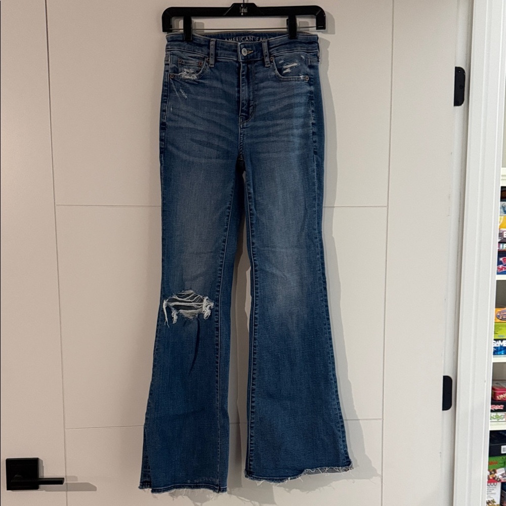 American Eagle Super High Rise Flare Jeans with Ripped Detail